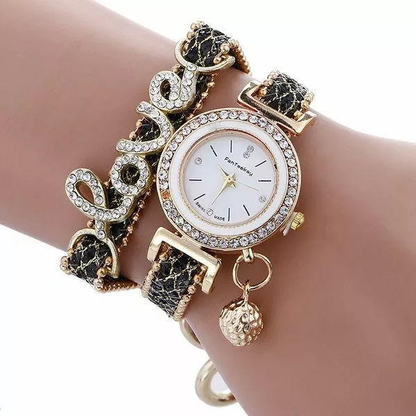 Beautiful Fashion Like Diamond Love Black Golden Bracelet Watch