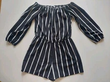 Miss Moly Off The Shoulder, Long Sleeve, Black And White Striped Romper,  Size M