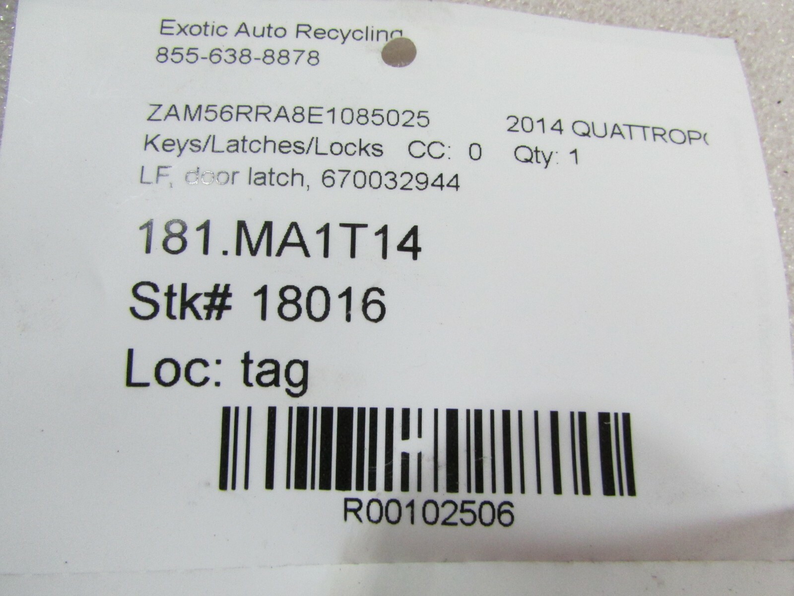 2014 Maserati Quattroporte, LH, Left Front Door Latch, Lock P/N 670032944