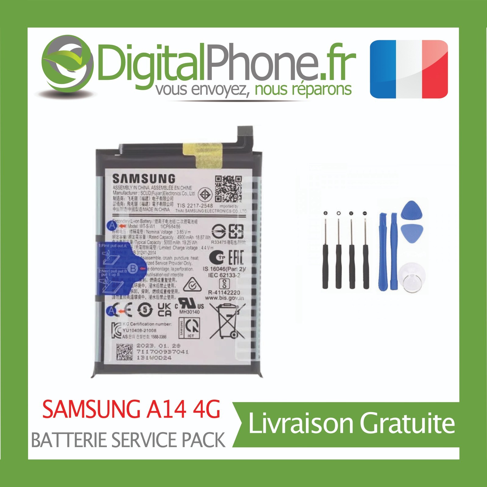 Batterie Samsung A14 4G d'origine Service Pack avec kit outils de réparation