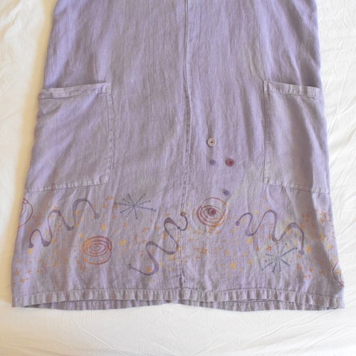 Vintage Blue Fish Women's Overall Apron Dress Hemp Lavender Painted w/ Pockets - Picture 3 of 18