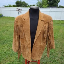 Vintage Tan Suede Jacket Interin sz Med split pig skin Korea coat with fringes