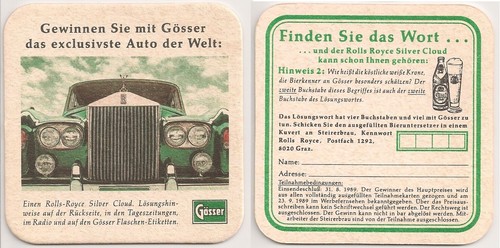 Gösser Bier - alter Bierdeckel "Rolls Royce Silver Cloud Gewinnspiel 1989" - Bild 1 von 1