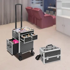 Rolling Makeup Case Travel Cosmetic Storage Box,Moving Salon Beauty Trolley Case