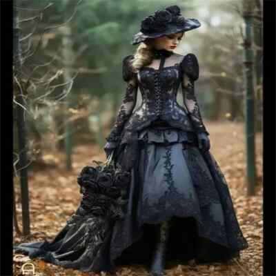 Victorian Gothic Victorian Wedding Dresses Long Sleeves High Neck Black  Women
