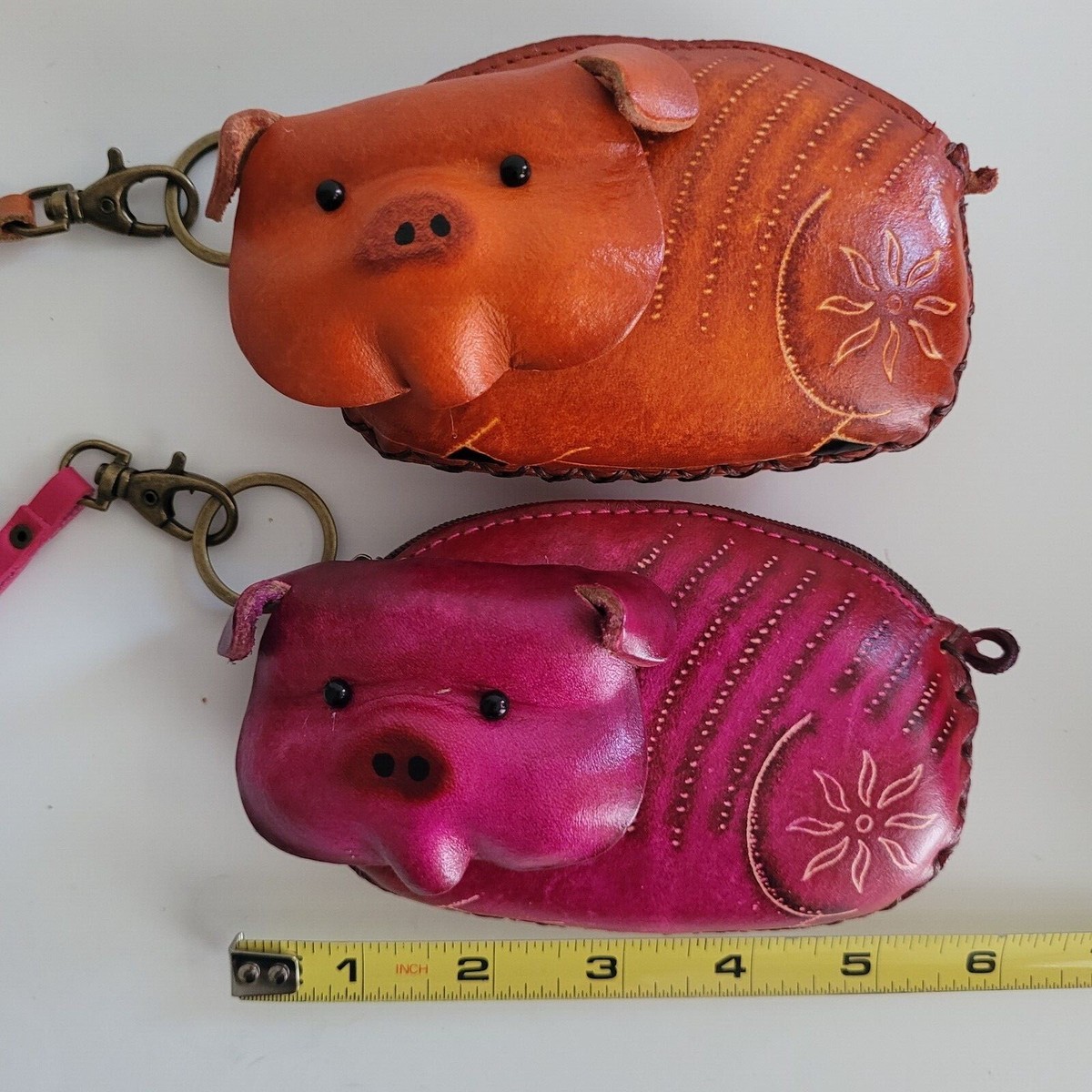 Pig Leather Wristlet Wallet Change Coin Purse Zip Closure Charm