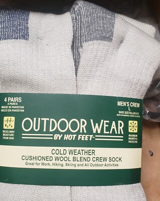 4 Pairs Hot Feet Outdoor Cold Weather Wool Blend Socks Men's Large 6-12 Ski Work