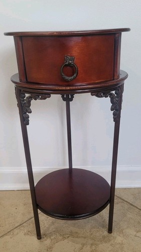 Vintage Wrought Iron & Wood Pedestal Drum Table Plant Stand Regency Ornate