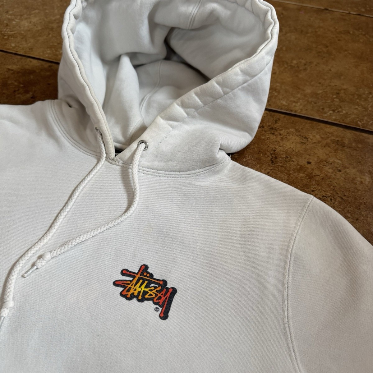 Stussy 8 Ball World Wide Hoodie Size Small Men Solid Off White