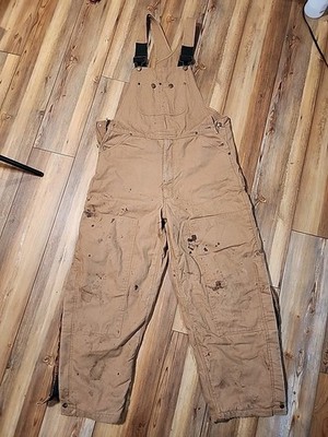 WFS - Men's Brown Straight Leg Double Knee Work Lined Bib Overalls - Large Worn