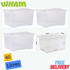 60L Crystal Clear Large Plastic Storage Boxes with Lids Ideal for Home Office