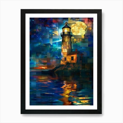 Leuchtturm bei Nacht 11 Kunstdruck gerahmt Wandbild Poster Leinwanddruck Bild