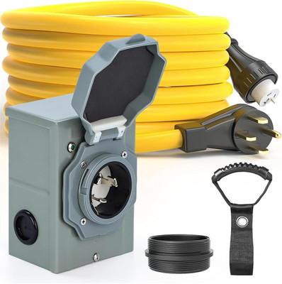 50 Amp Generator Cord 25FT and Pre-Drilled Power Inlet Box Waterproof Combo Kit，