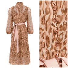 ZIMMERMANN Leopard Dress, Size 1, Silk Animal Print Slip Crystal Buttons Sleeves