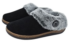 Clarks Womens Size 8 Faux-Fur Collar Black Moc Lined Slip On Slipper Shoes