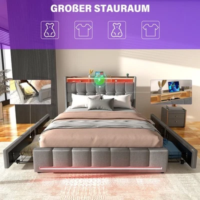 OYAJIA Letto Imbottito 160x200 cm con Testiera LED Struttura Letto Matrimoniale con Rete a Doghe USB
