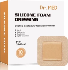 Dr. Med Silicone Foam Dressing 4"X4", Waterproof Border Adhesive Wound Care Pad
