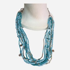 Turquoise Blue Multi Strand Seed Bead Statement Necklace Layered Boho Adjustable