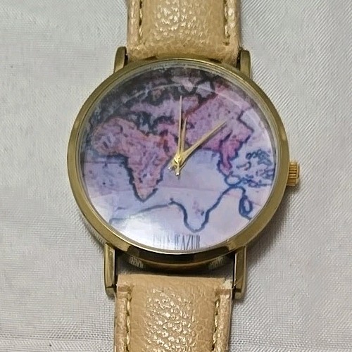 World Map Fashionable Vintage Inspired Gold Bezel Beige Faux Leather Wristwatch