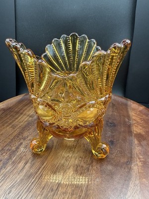 VTG LG Wright 3 Footed Winker 5 In Celery Vase Amber Glass Fenton