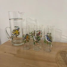 Federal Glass Co VTG West Virginia Glass American Songbird Cocktail Pitcher Set