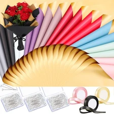 Flower Bouquet Wrapping Paper Waterproof Floral Wrap Pin Ribbon Gold 393 PCS