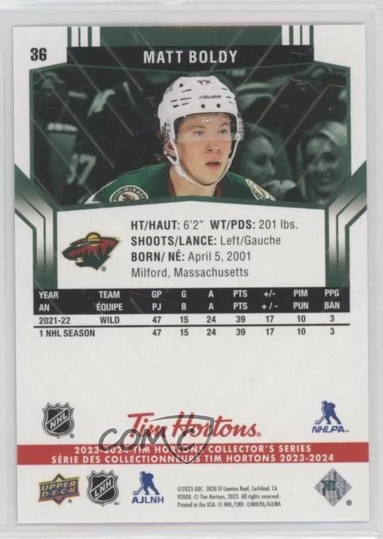 2023-24 Upper Deck Tim Hortons Collector's Series Matt Boldy #36 - Image 2 of 2