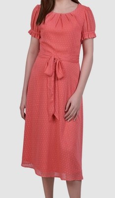 NY Collection Women's Pink Swiss Dot Scoop Neck Self-Tie Dress Pettie Size PM