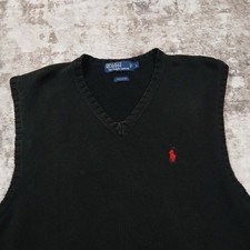 Vintage Polo Ralph Lauren Sweater Vest Mens Large Black V Neck Cotton Knit