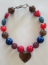 Girls Bubblegum Chunky Bead Necklace Red Blue Leopard Cheetah Hearts Patriotic