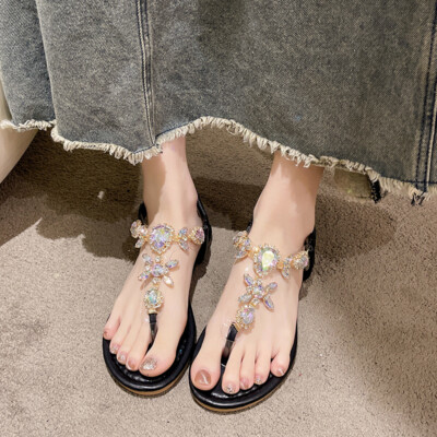 Sandalias clásicas de punta plana con diamantes de imitación para mujer