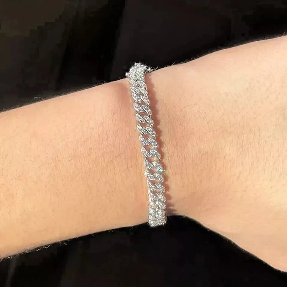 8MM Round Lab-Created Diamond Men Cuban Link Bracelet 14k White Gold Plated 8"in - Image 3 of 4