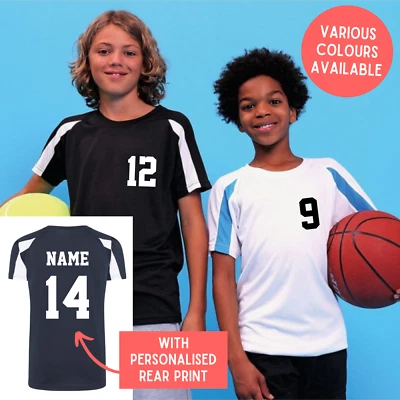 AWDIS Kinder personalisiertes Kontrast Sport T-Shirt Team Kit NAME & NUMMER Fußball PE Fitnessstudio