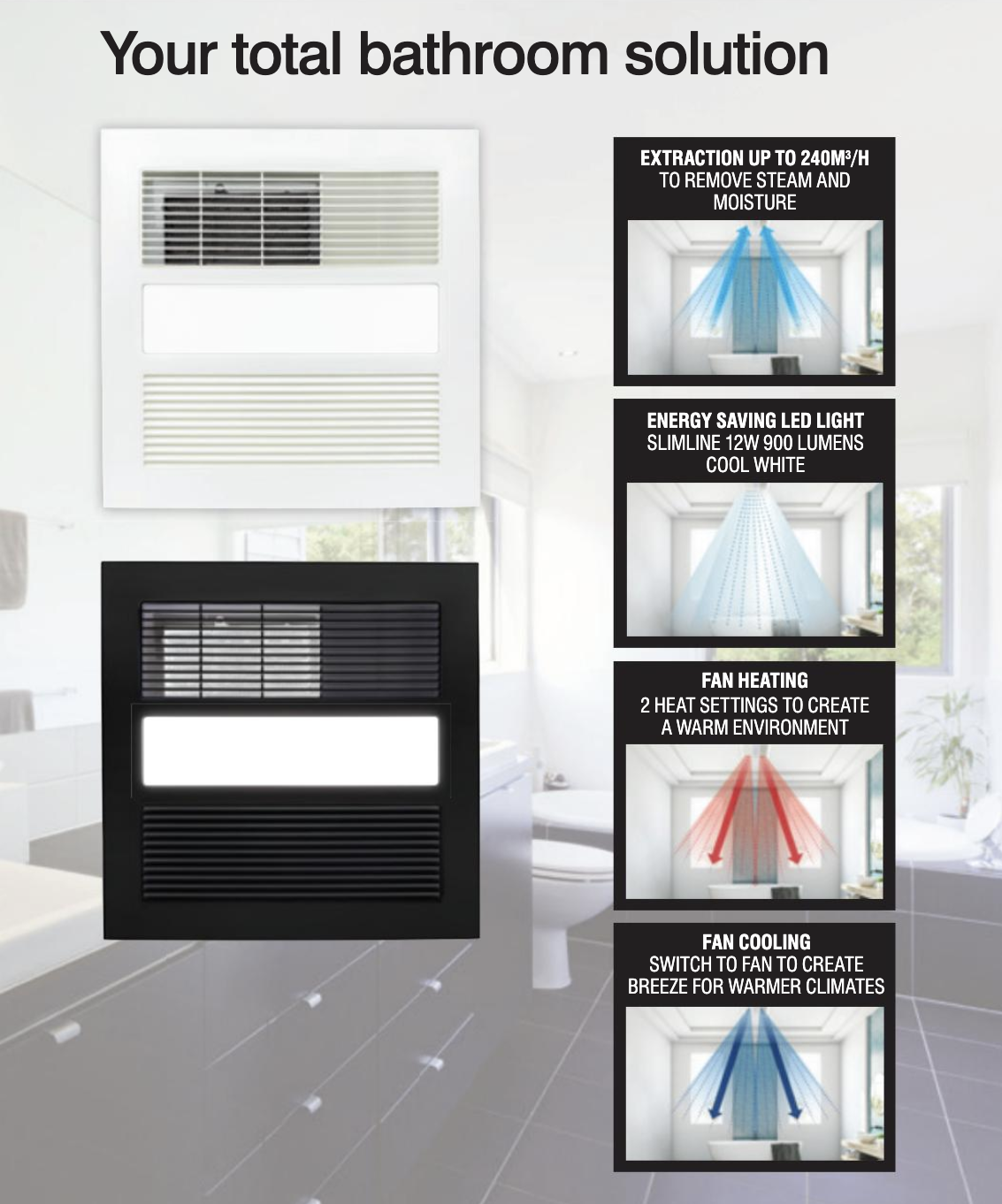 BRILLIANT SOLACE LED WHITE BATHROOM 4-IN-1 HEATER, COOLER, EXHAUST FAN,  LIGHT | eBay