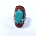 Tibetan Coral Turquoise Lapis ring Natural stones bohemian Unique ring Size 10