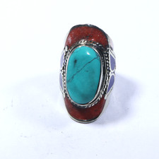 Tibetan Coral Turquoise Lapis ring Natural stones bohemian Unique ring Size 10