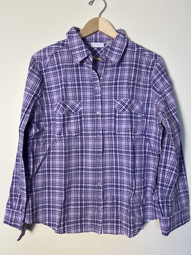New York & Company Womens XL Purple Plaid Button- Up Shirt Long Sleeve Cotton