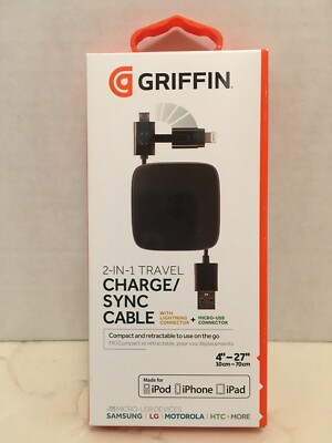 GRIFFIN 2 in 1 TRAVEL Charge & Sync Cable Retractable Lightning & Micro USB NEW