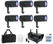  6 American DJ PINSPOT LED QUAD DMX 8 Watt Pinspot Lights w/ Remote Fogger Bag