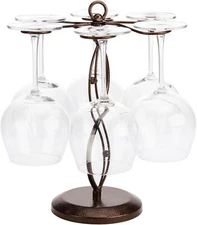 MyGift Scrollwork Bronze Metal Tabletop Stemware Wine Glass Rack with 6 Hooks