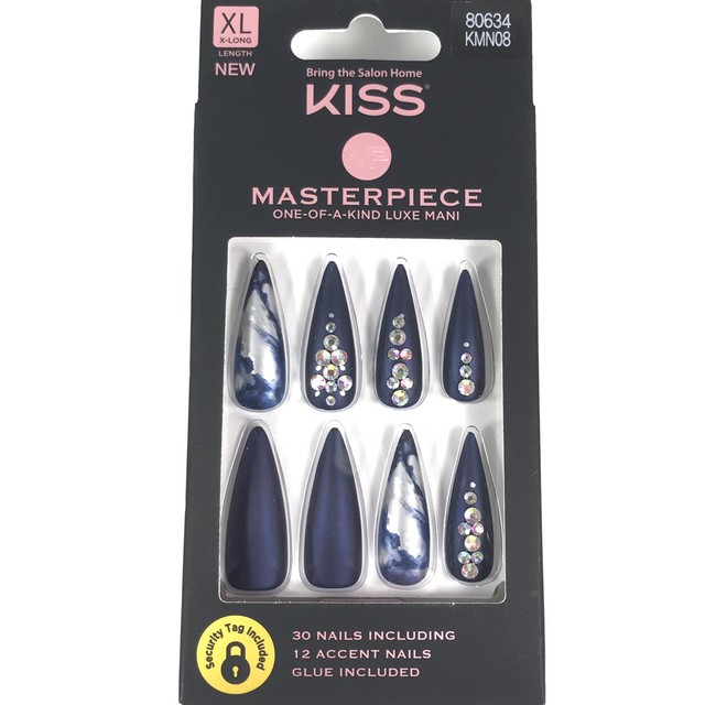 NEW Kiss Nails Masterpiece Luxe Glue Manicure XL Gel Stiletto Navy Blue