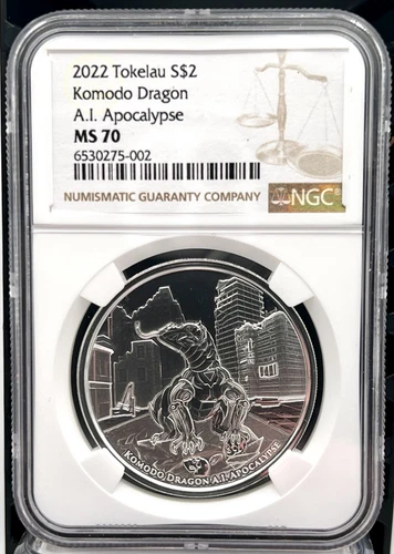2022 Tokelau $2 Komodo Dragon A.I. Apocalypse 1 oz .999 Silver Coin  - NGC MS 70