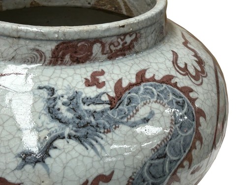 Oriental Off White Crackle Base Blue Red Dragon Ceramic Art Vase Jar ws4658 - Picture 9 of 13