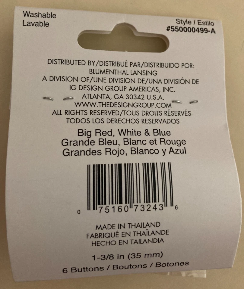 FAVORITE FINDINGS BIG BUTTONS 6 PER PACKAGE Red, White and Blue - All New - Image 2 of 3