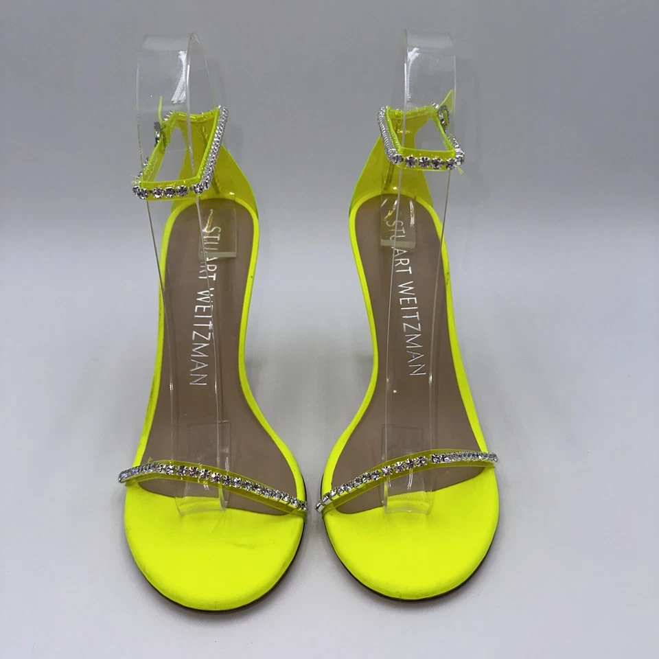 STUART WEITZMAN Rhinestone Embellished Stiletto Heel Yellow Satin Leather Sz 7.5 - Image 2 of 4
