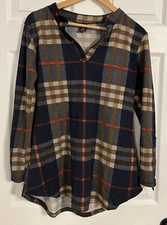 Win Win Women’s Button Sleeve Tunic Size S-m Vneck Plaid 