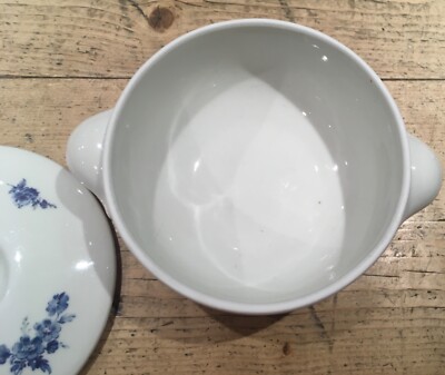 APILCO PORCELAIN SOUP BOWLS with LIDS and HANDLES BLUE and WHITE
