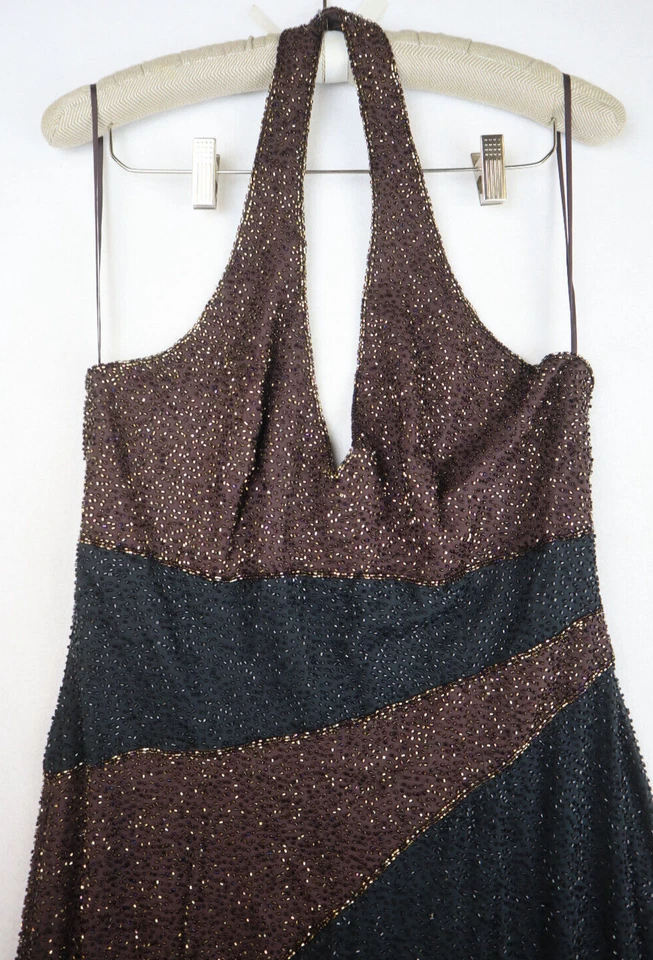 VESTIDO NEGRO TIE OLEG CASSINI SEDA TOTALMENTE CUENTAS NEGRO MARRÓN REMOLINO TOTALMENTE CUENTAS 12 Foto 4 de 4