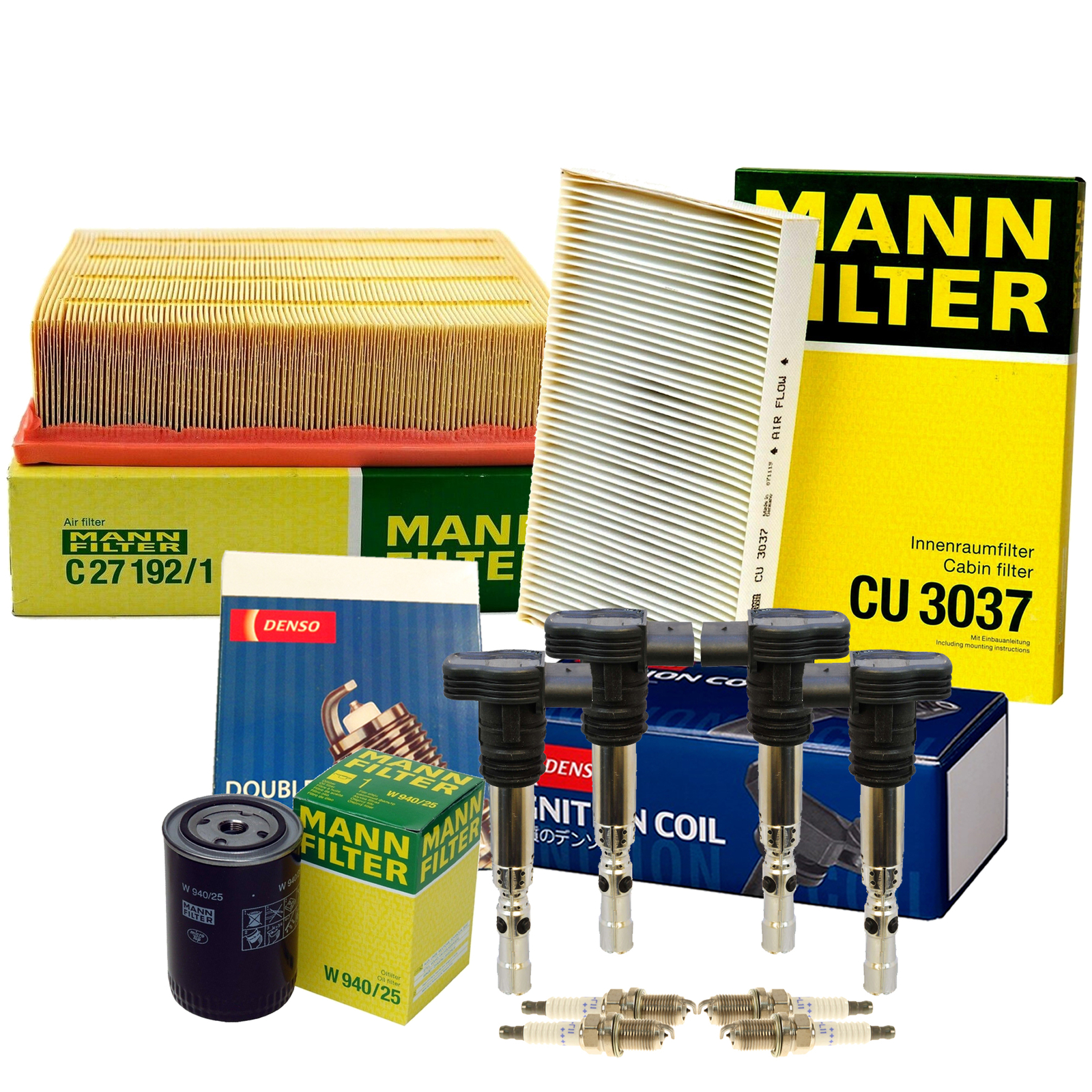Mann Filters Denso 4 Coil 4 Double Platinum Spark Plugs Tune Up Kit For Audi AMB