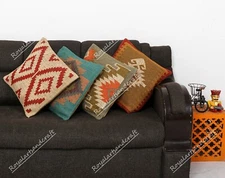 4 Set of Wool Jute Cushion Cover Throw Indian Vintage Handmade Kilim Rug Pillows